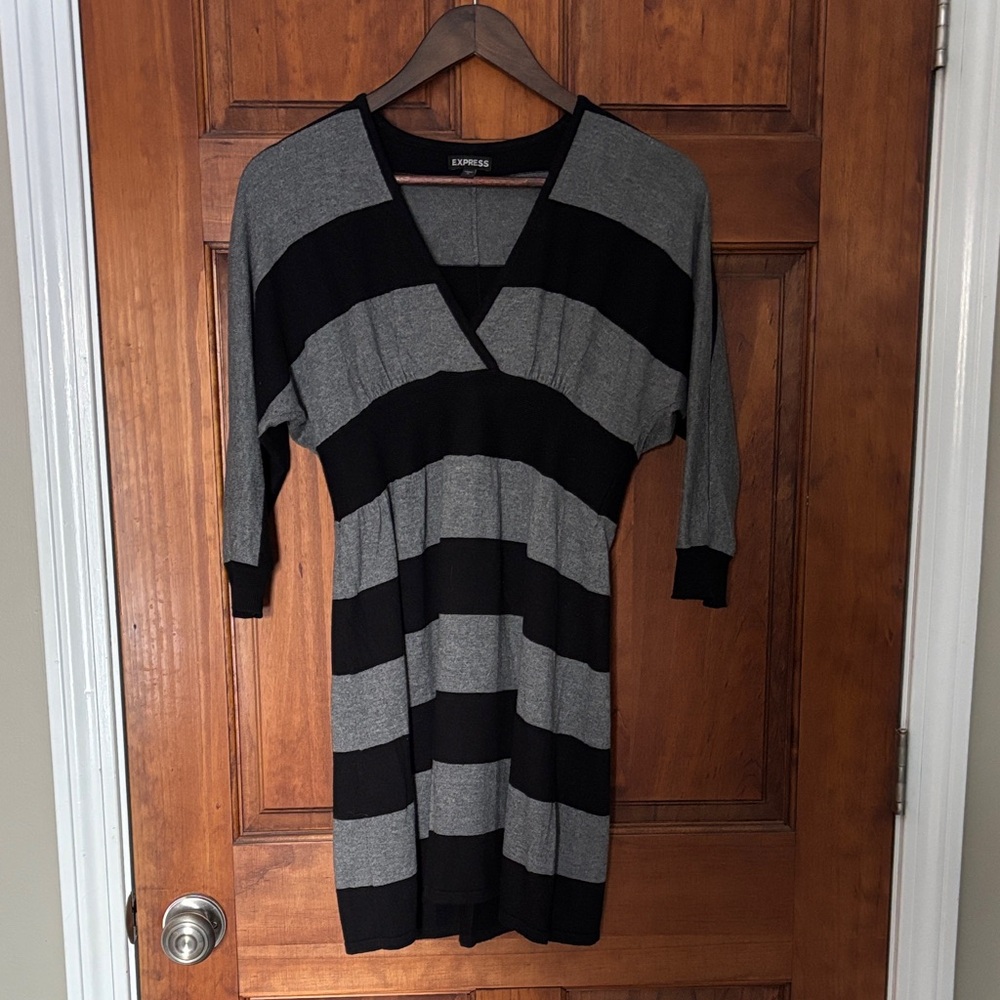 Express Charcoal and Black Striped V-Neck Dress
